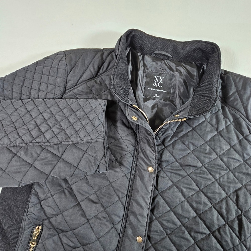 New York & Company Quilted Puffer Jacket Womens XL Black Diamond Mock Neck Zip